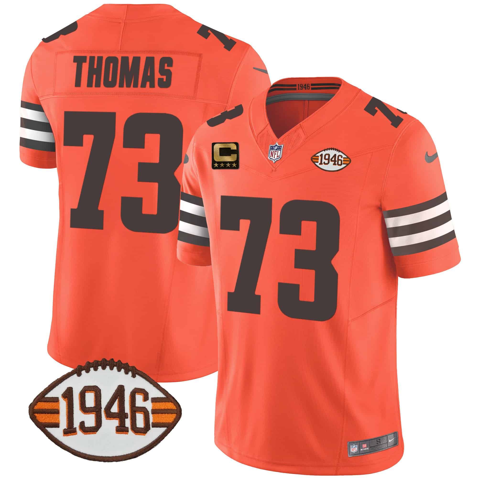 Men Cleveland Browns 73 Thomas Orange 1946 75th Anniversary Patch 2024 Nike NFL Jersey